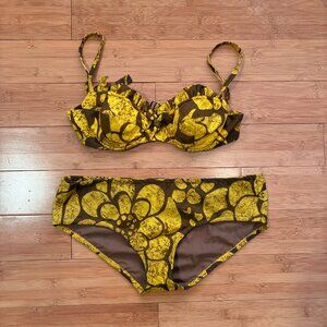 Vintage Hawaiian Print Bark Cloth Bikini Xs/Sml 60s 70s Viva Betty pinup Yellow